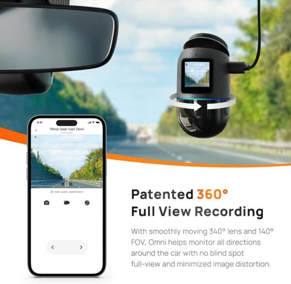 70mai Dash Cam Omni, 360° Rotating, Bulit-in 128GB eMMC Storage, Time-Lapse Recording.